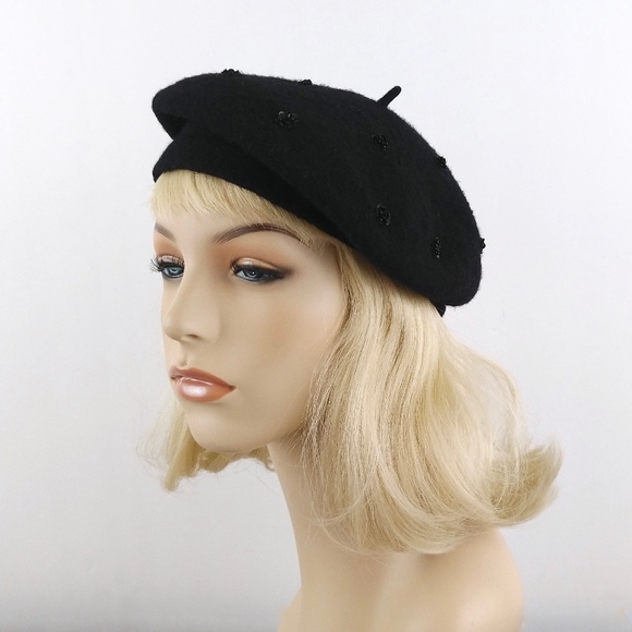 Liz Claiborne Accessories - Liz Claiborne Black Wool Blend & Sequins Beret Hat